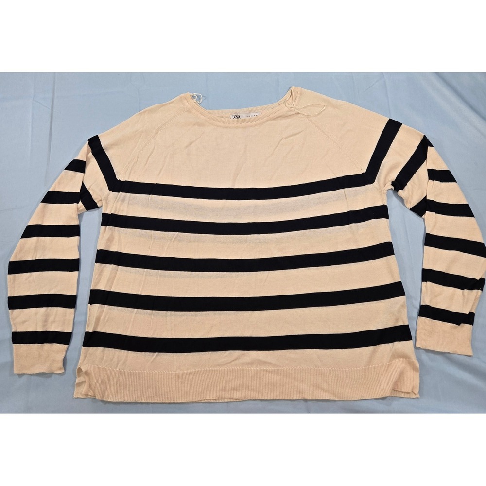 Zara Womens XL Knit Sweater Cream Navy Blue Striped Long Sleeve Crew Neck Top